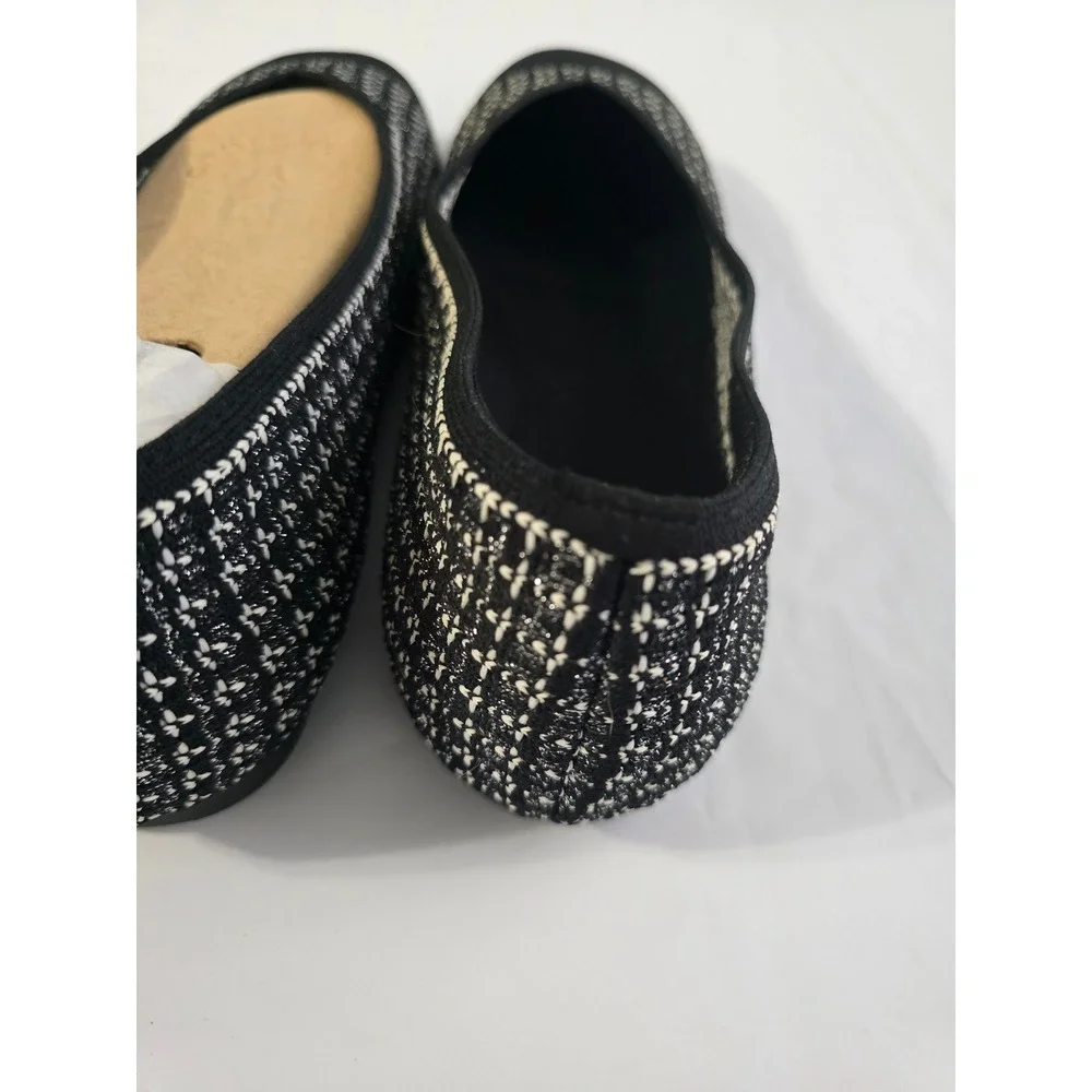 Vivaia Margot Square Toe V-Cut Tweed Knit Flats Black White EU 43W USA 11.5Wide
